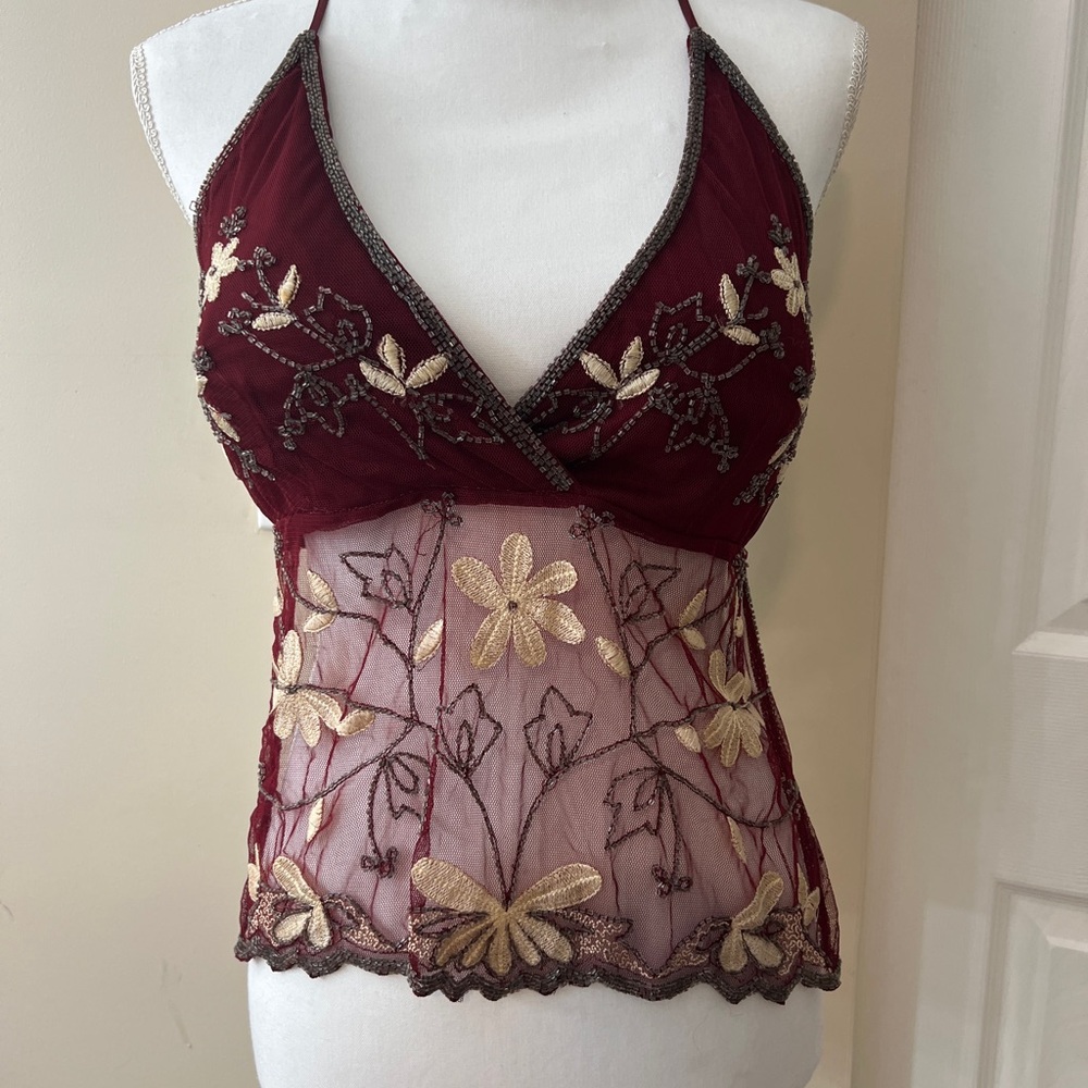 Pretty Embroidered Burgundy and Gold Halter Top